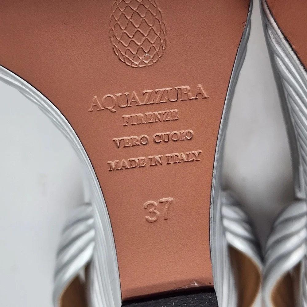 Aquazzura Wow 95 MM Metallic Silver Wedge Sandals EU 37 US 7 Ankle Strap Heels